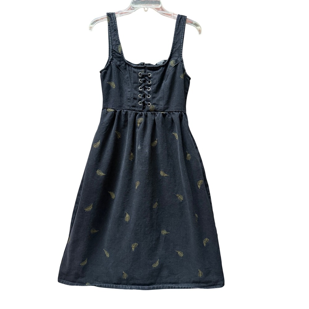 Disturbia Black Denim Fern Embroidered Lace Up Midi Dress US 2 Gothic